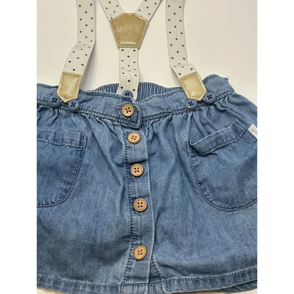Oshkosh B'gosh Girl Denim Skirt W/ Rose Gold Accented Polka Dot‎ Suspenders 12M